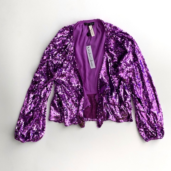 For Love & Lemons Nwt Purple Sequin Madeline Tie Front Long Sleeve Top Small S - Picture 2 of 4